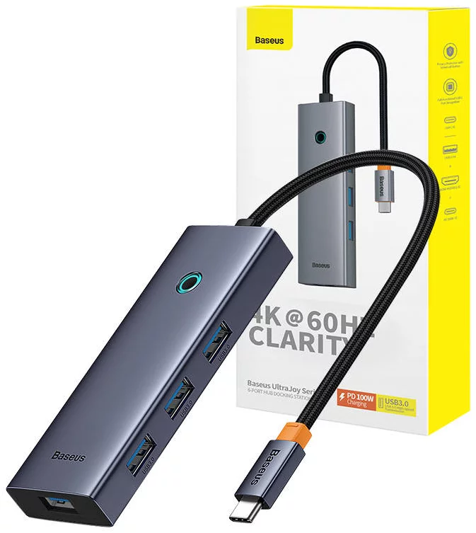 USB Hub 6in1 Hub Baseus  UltraJoy USB-C do HDMI4K@60Hz+4xUSB 3.0+PD (space grey)