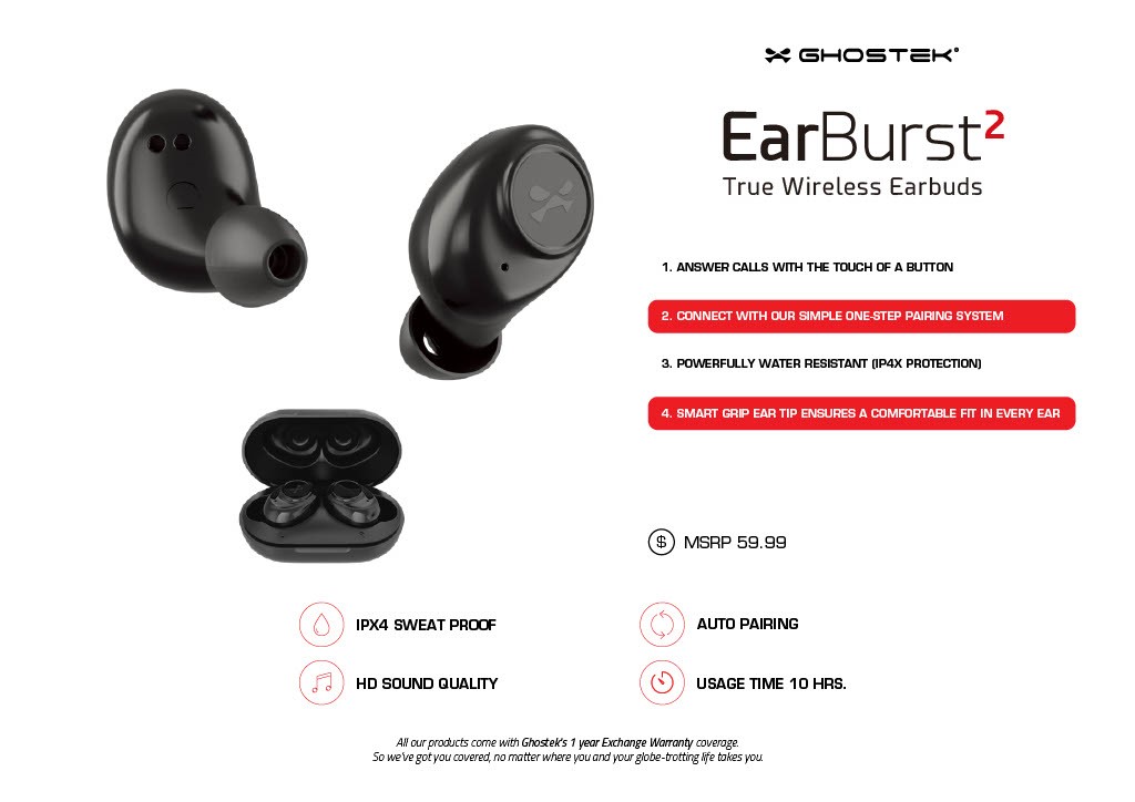 Ghostek EarBurst2True Wireless Earbud Headphones Black