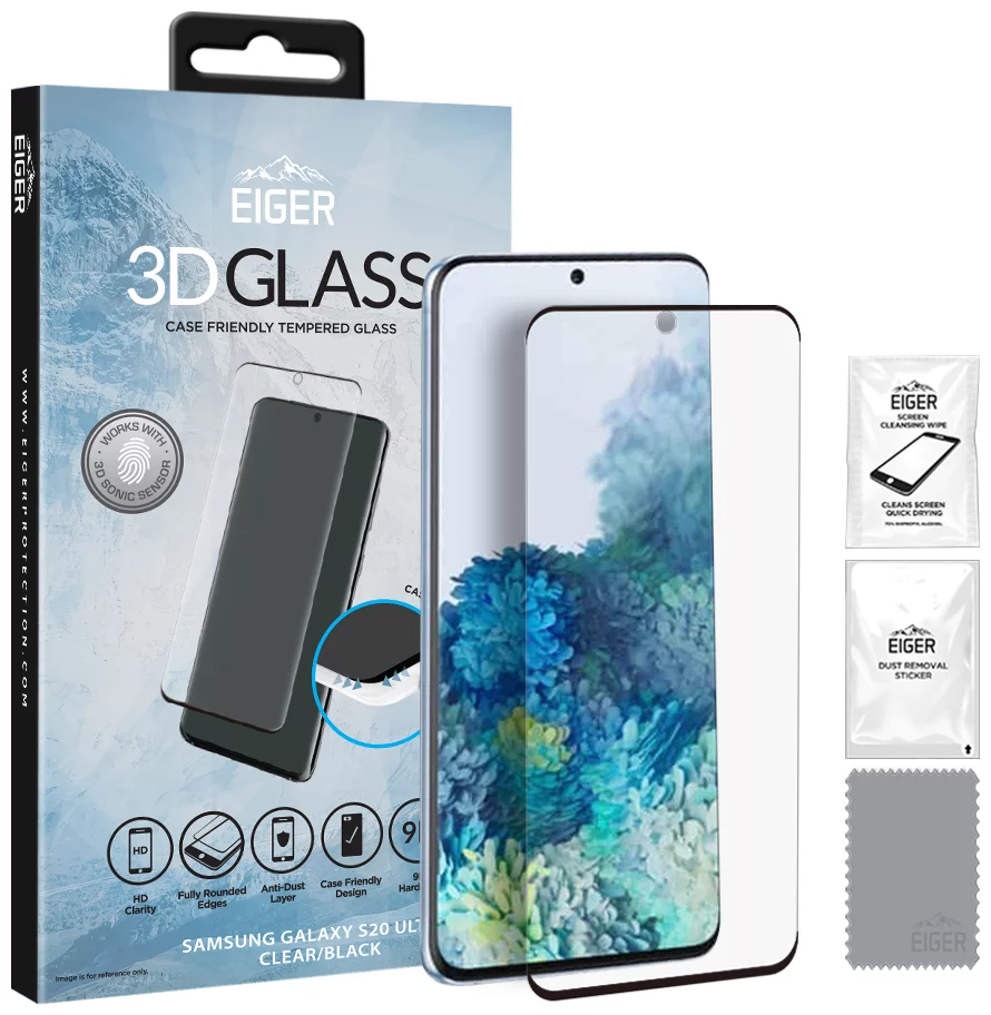 Ochranné sklo Eiger 3D GLASS Case Friendly Glass Screen Protector for Samsung Galaxy S20 Ultra in Clear/Black