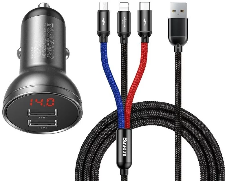 Nabíjačka Baseus Digital Display Dual USB 4.8A Car Charger 24W with Three Primary Colors 3-in-1 Cable USB 1.2M Black Suit Grey (6953156215405)
