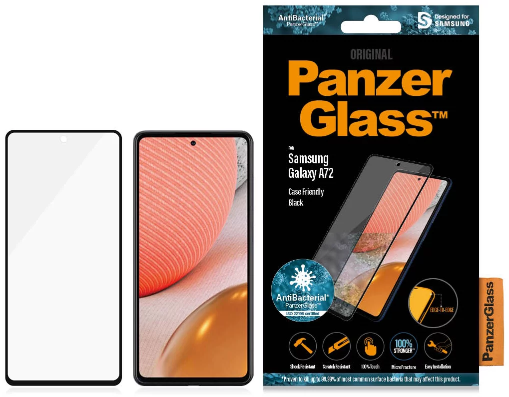 Ochranné sklo PanzerGlass E2E Microfracture Samsung A72 A725 Case Friendly AntiBacterial black (7255)