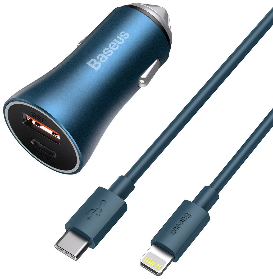 Levně Nabíječka do auta Baseus Golden Contactor Pro car charger, USB + USB-C, QC4.0+, PD, SCP, 40W (blue) + USB-C - Lightning cable 1m (blue)