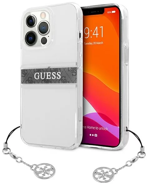 Kryt Guess GUHCP13LKB4GGR iPhone 13 Pro 6,1" Transparent hardcase 4G Grey Strap Charm (GUHCP13LKB4GGR)