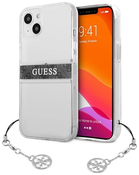 E-shop Kryt Guess GUHCP13SKB4GGR iPhone 13 mini 5,4" Transparent hardcase 4G Grey Strap Charm (GUHCP13SKB4GGR)