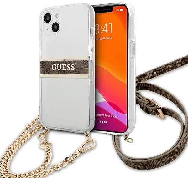 E-shop Kryt Guess GUHCP13SKC4GBGO iPhone 13 mini 5,4" Transparent hardcase 4G Brown Strap Gold Chain (GUHCP13SKC4GBGO)