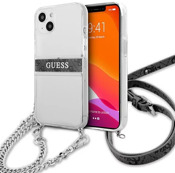 Levně Kryt Guess GUHCP13SKC4GBSI iPhone 13 mini 5,4" Transparent hardcase 4G Grey Strap Silver Chain (GUHCP13SKC4GBSI)