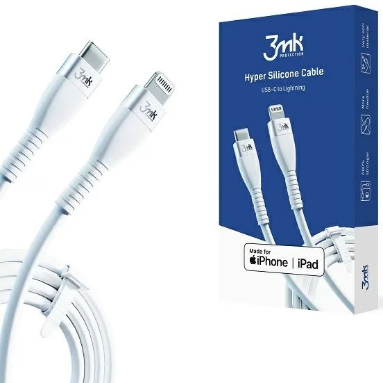 E-shop Kábel 3MK HyperSilicone MFI USB-C/Lightning white 1m 20W 3A ()