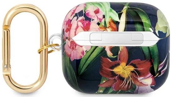 Guess Custodia Per AirPods 3 – Collezione Blue Flower Strap Con Cinturino E Anello Dorato