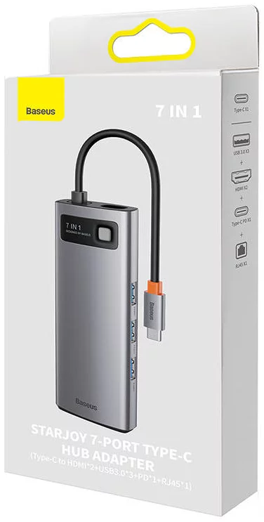 USB Hub Hub 7in1 Baseus Metal Gleam Series, USB-C to 3x USB 3.0 + 2x HDMI +  USB-C PD + Ethernet RJ45