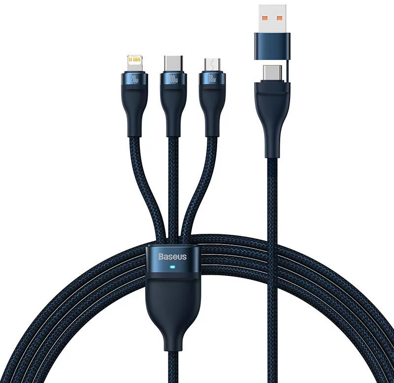 Kábel 3in1 USB cable Baseus Flash Series 2, USB-C + micro USB + Lightning, 100W, 1.2m (blue)