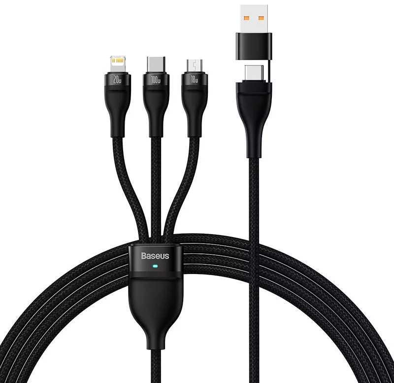 Kábel 3in1 USB cable Baseus Flash Series 2, USB-C + micro USB + Lightning, 100W, 1.2m (black)