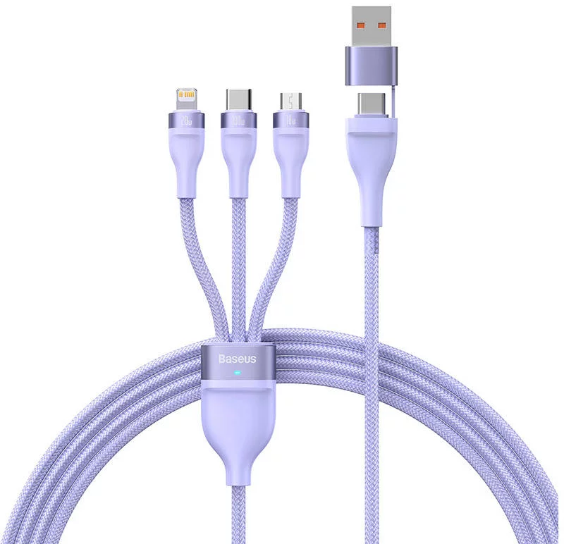 Kábel 3in1 USB cable Baseus Flash Series 2, USB-C + micro USB + Lightning, 100W, 1.2m (purple)