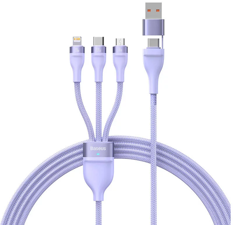 Kábel 3in1 USB cable Baseus Flash Series 2, USB-C + micro USB + Lightning, 100W, 1.5m (purple)