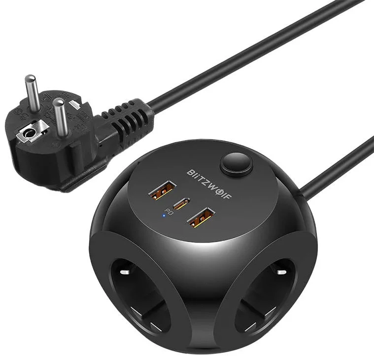 Zásuvka Blitzwolf BW-PC1 Power charger with 3 AC outlets, 2x USB, 1x USB-C (black)