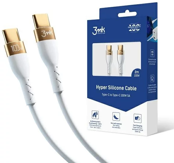 E-shop Kábel 3MK HyperSilicone Cable USB-C2m 100W White