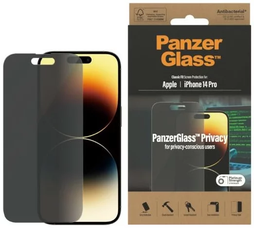 Levně Ochranné sklo PanzerGlass Classic Fit iPhone 14 Pro 6,1" Privacy Screen Protection Antibacterial P2768 (P2768)