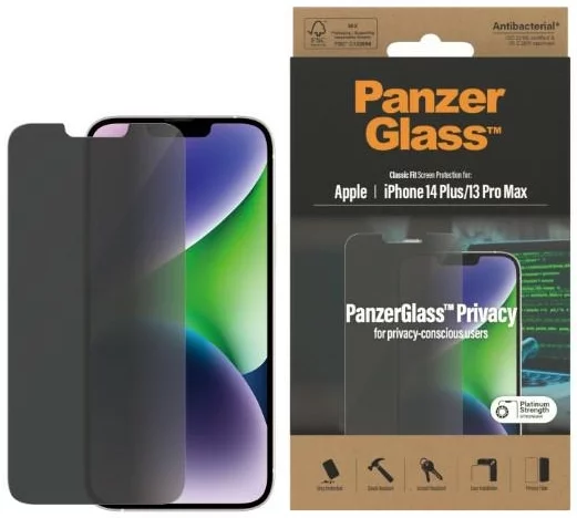 Levně Ochranné sklo PanzerGlass Classic Fit iPhone 14 Plus / 13 Pro Max 6,7" Privacy Screen Protection Antibacterial P2769 (P2769)