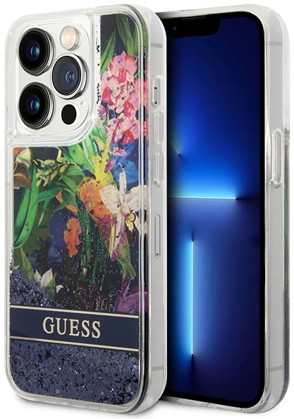 Levně Kryt Guess GUHCP14LLFLSB iPhone 14 Pro 6,1" blue hardcase Flower Liquid Glitter (GUHCP14LLFLSB)