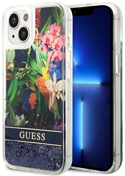 Levně Kryt Guess GUHCP14SLFLSB iPhone 14 6,1" blue hardcase Flower Liquid Glitter (GUHCP14SLFLSB)
