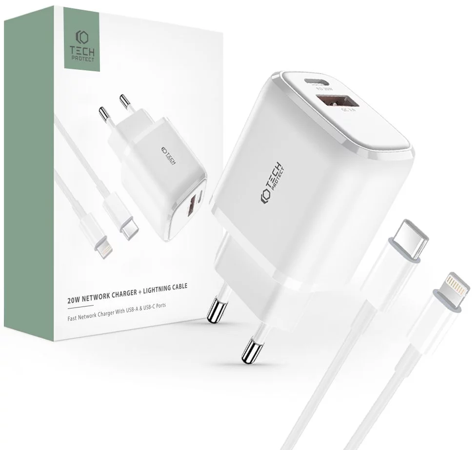 Nabíjačka TECH-PROTECT C20W 2-PORT NETWORK CHARGER PD20W/QC3.0 + LIGHTNING CABLE WHITE (9490713929124)