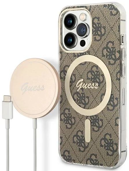 E-shop Kryt Guess Case + Charger Set iPhone 13 Pro brown hard case 4G Print MagSafe (GUBPP13LH4EACSW)