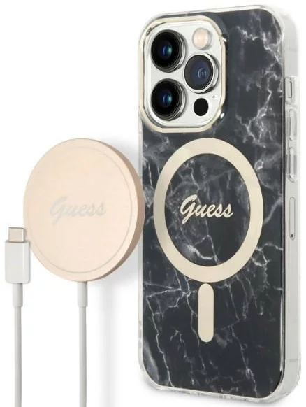 Levně Kryt Guess Case + Charger Set iPhone 14 Pro 6,1" black hard case Marble MagSafe (GUBPP14LHMEACSK)