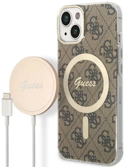 E-shop Kryt Guess Case + Charger Set iPhone 14 Plus 6,7" brown hard case 4G Print MagSafe (GUBPP14MH4EACSW)