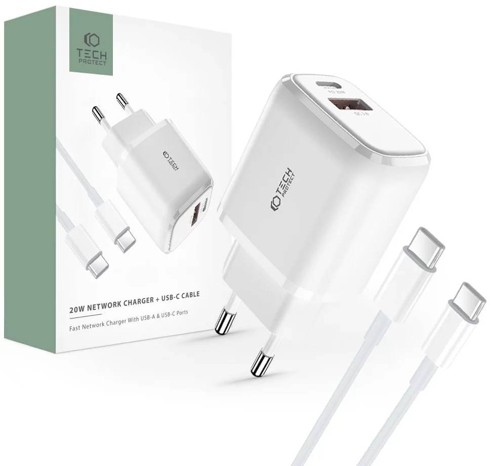 Nabíječka TECH-PROTECT C20W 2-PORT NETWORK CHARGER PD20W/QC3.0 + TYPE-C CABLE WHITE (9490713930373)