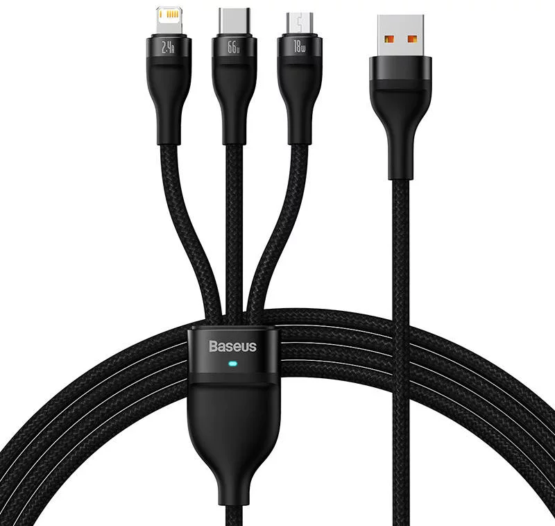 Kábel 3in1 USB cable Baseus Flash II Series, USB-C + micro USB + Lightning, 66W, 1.2m (Black)
