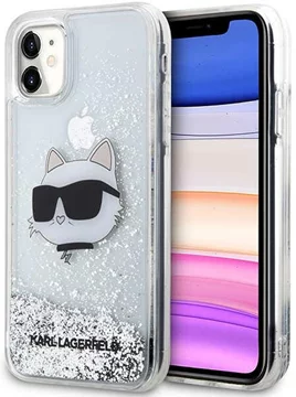 Karl Lagerfeld husă rigidă pentru iPhone 11 / XR argintie Glitter Choupette Head (KLHCN61LNCHCS)  