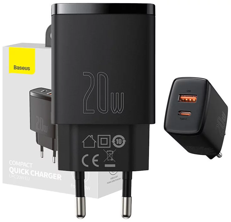 Nabíječka Baseus Compact Quick Charger, USB, USB-C, 20W, black (6953156207233)