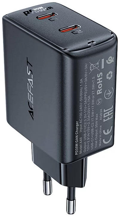 Nabíjačka Wall charger Acefast A49 2x USB-C, 35W PD, black (6974316282198)