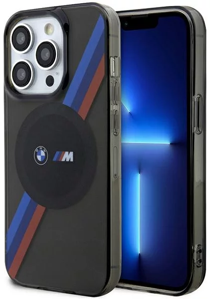Levně Kryt BMW iPhone 14 Pro 6.1" grey Tricolor Stripes MagSafe (BMHMP14LHDTK)