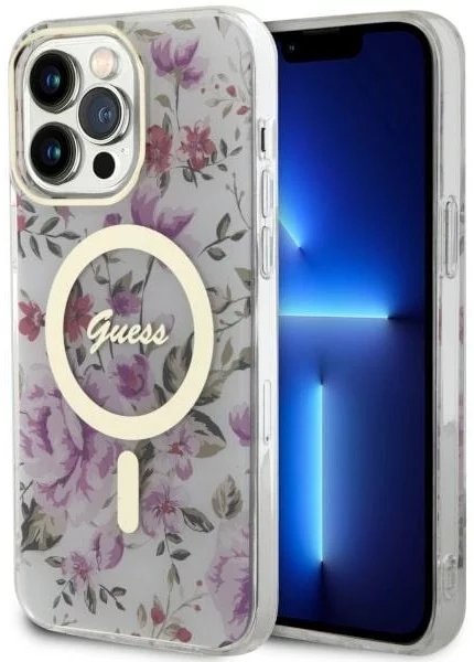 Levně Kryt Guess iPhone 14 Pro 6.1" transparent hardcase Flower MagSafe (GUHMP14LHCFWST)