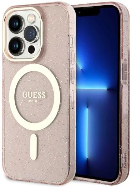 Levně Kryt Guess iPhone 14 Pro 6.1" pink hardcase Glitter Gold MagSafe (GUHMP14LHCMCGP)