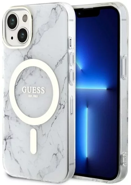Levně Kryt Guess iPhone 14 6.1" white hardcase Marble MagSafe (GUHMP14SPCUMAH)