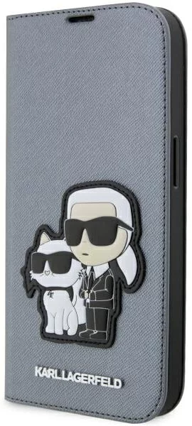 Levně Pouzdro Karl Lagerfeld iPhone 14 Pro 6.1" bookcase silver Saffiano Karl & Choupette (KLBKP14LSANKCPG)