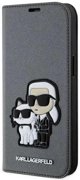 Levně Pouzdro Karl Lagerfeld iPhone 14 6.1" bookcase silver Saffiano Karl & Choupette (KLBKP14SSANKCPG)