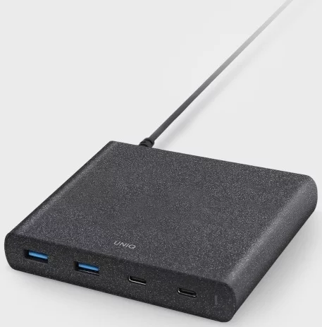 Nabíječka UNIQ HUB Surge 90W charcoal black 2xUSB Quick Charge 3.0 + 2xUSB-C PD 3.0 (UNIQ-SURGE90W(EU)-BLK)