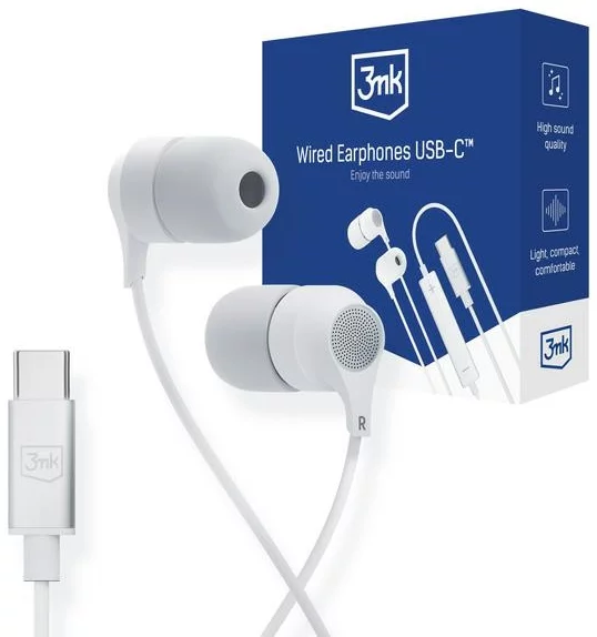 Levně Sluchátka 3MK Wired Earphones USB-C in-ear headphones white/white USB-C