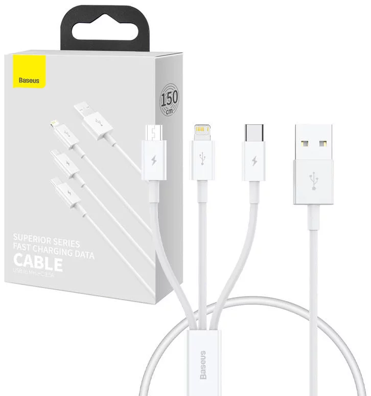 Kábel Quick Charge USB to M+L+C  Baseus Superior Data 3.5A 0,5m (White)