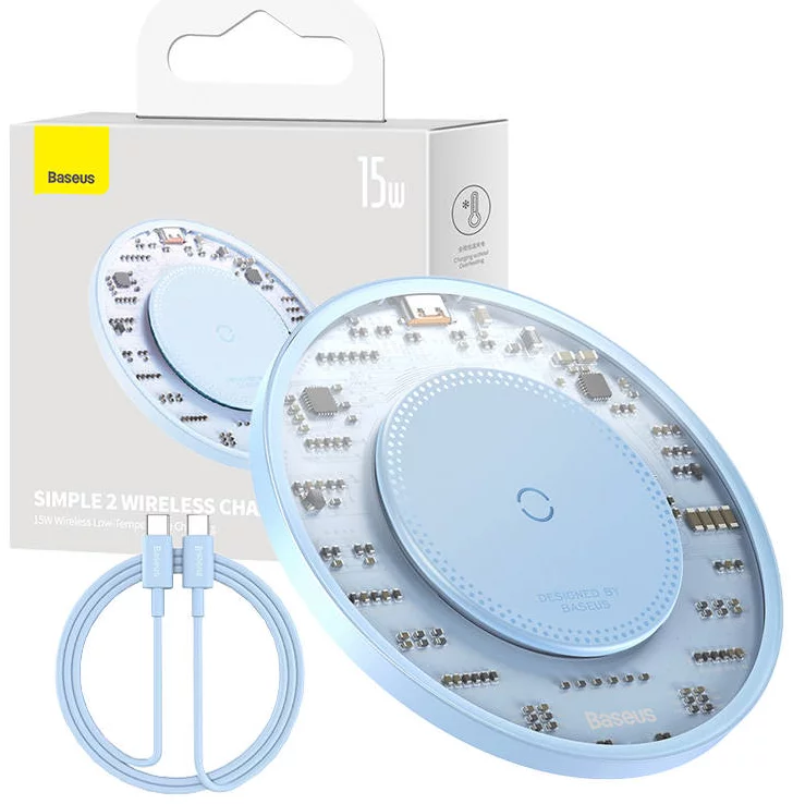 E-shop Bezdrôtová nabíjačka Wireless Qi inductive charger Baseus Simple 2, 15W with USB-C to USB-C cable (blue)