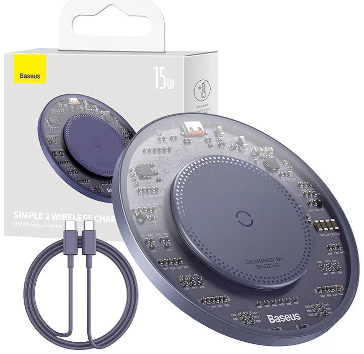 Wireless Qi inductive charger Baseus Simple 2, 15W with USB-C to