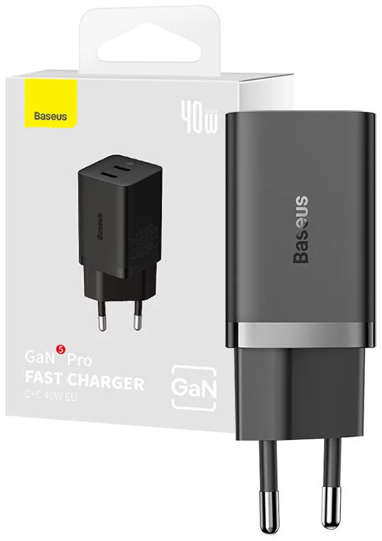 E-shop Nabíjačka Wall Charger Baseus GaN5 40W, 2x USB C (Black)