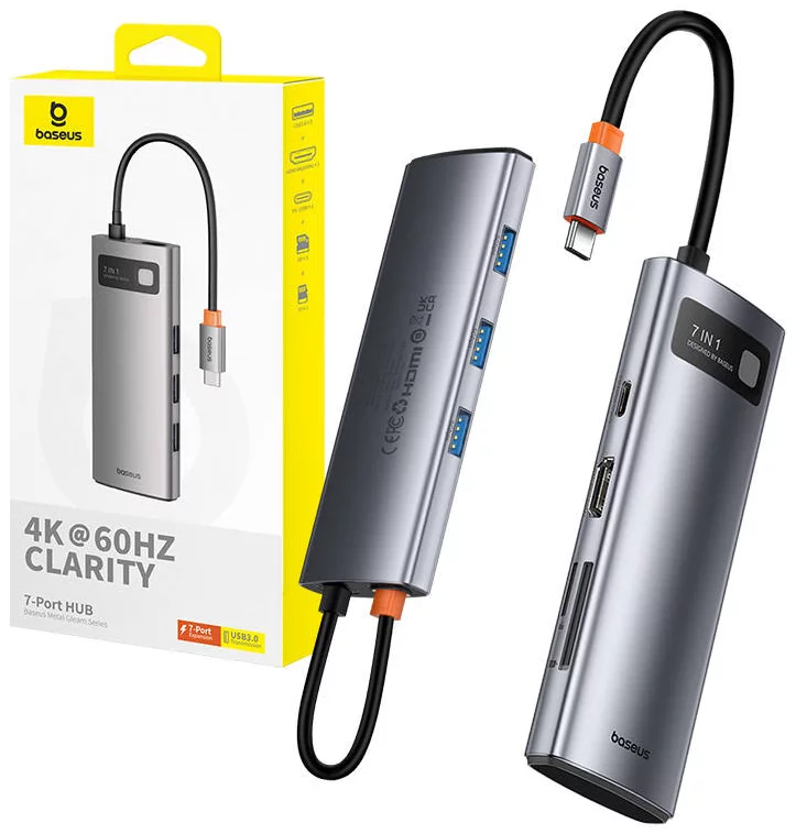USB Hub Hub 7in1 Baseus Gleam, USB-C  to 1x HDMI4K 60Hz + 3x USB3.0 + 1x PD + 1x SD/TF (grey)