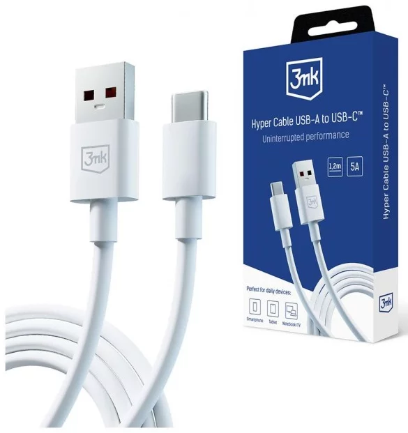 Kábel 3MK Hyper Cable USB-A to USB-C 5A 60W 1.2m white