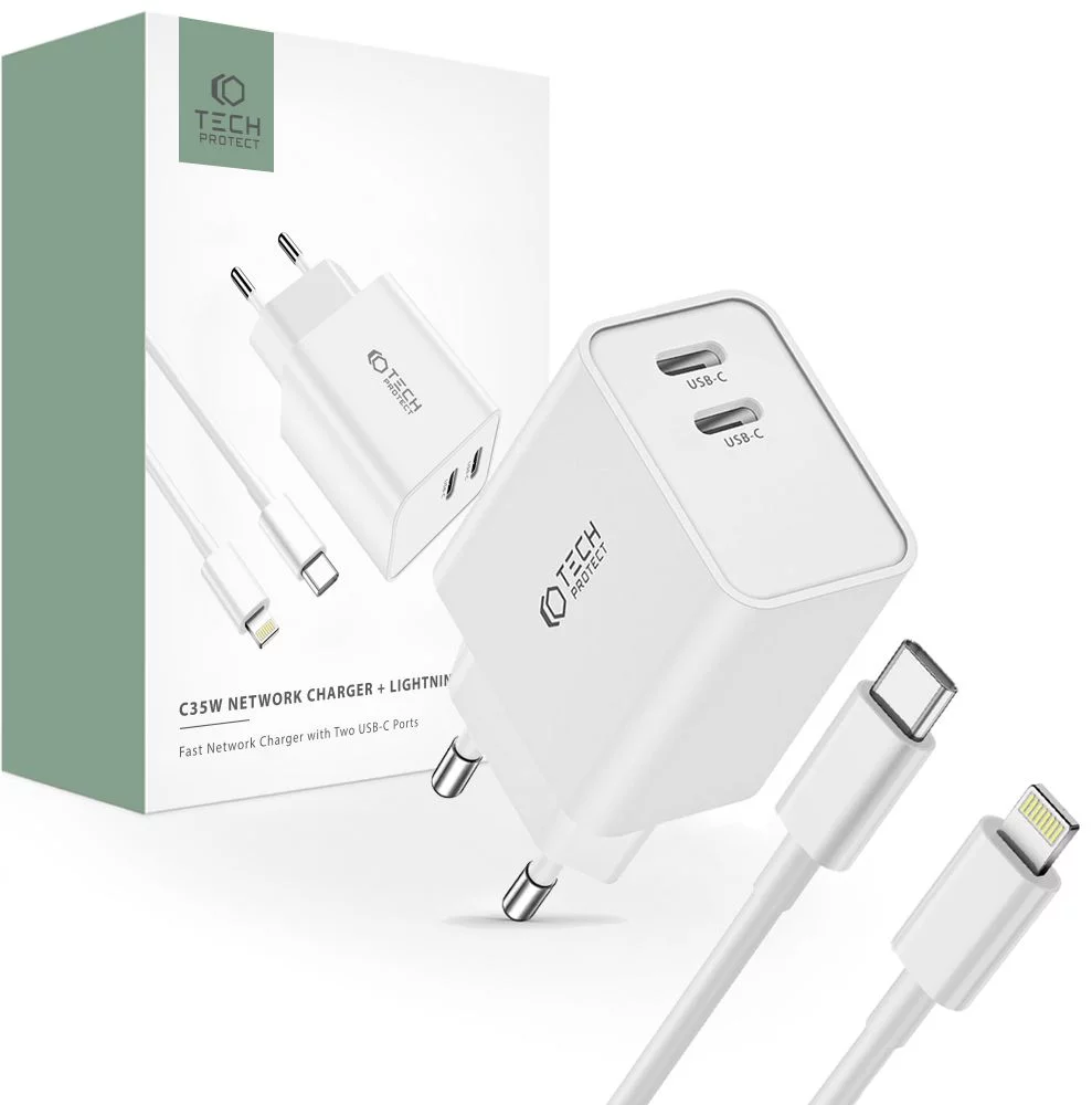 Nabíjačka TECH-PROTECT C35W 2-PORT NETWORK CHARGER PD35W + LIGHTNING CABLE WHITE (9319456605587)