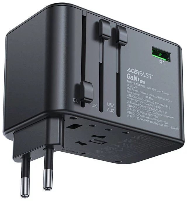Levně Adapter Multifunctional travel wall charger Acefast Z1, 2xUSB-A, 3xUSB-C, GaN, 67W, US/EU/UK/AU (black)