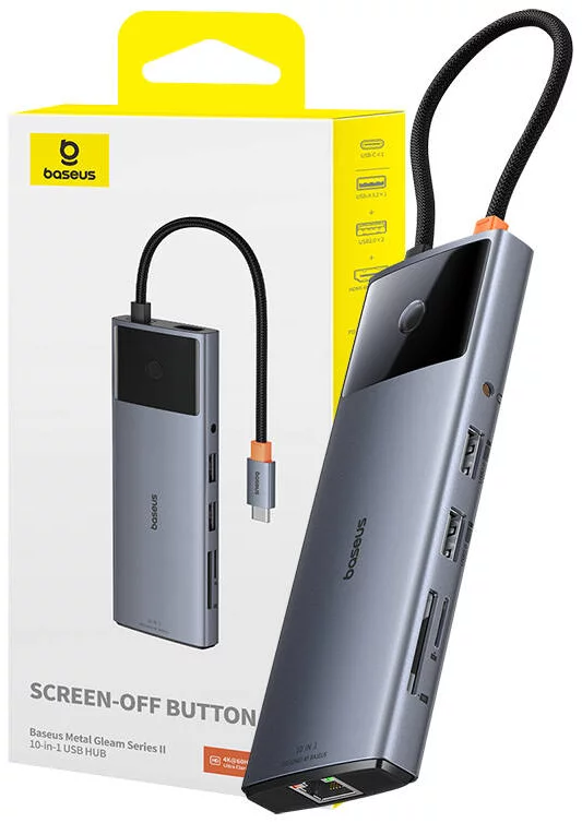 Adapter Baseus Hub 10in1 Metal Gleam II Series, USB-C to 1xHDMI, USB-A (10Gbps), USC-C, 2xUSB-A, Ethernet RJ45, SD/TF card, mini-jack 3,5mm, USB-C(PD)