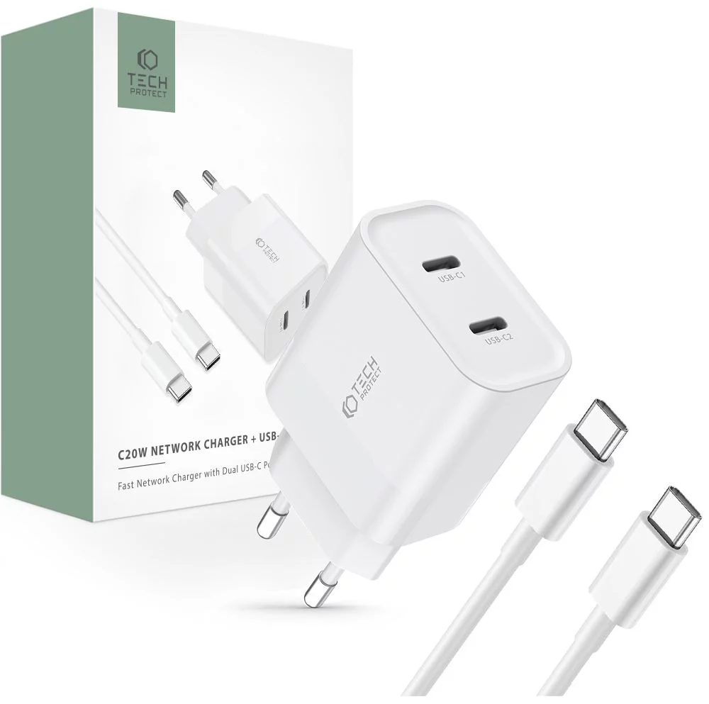Nabíjačka TECH-PROTECT C20W 2-PORT NETWORK CHARGER PD20W + TYPE-C CABLE WHITE (9319456607291)